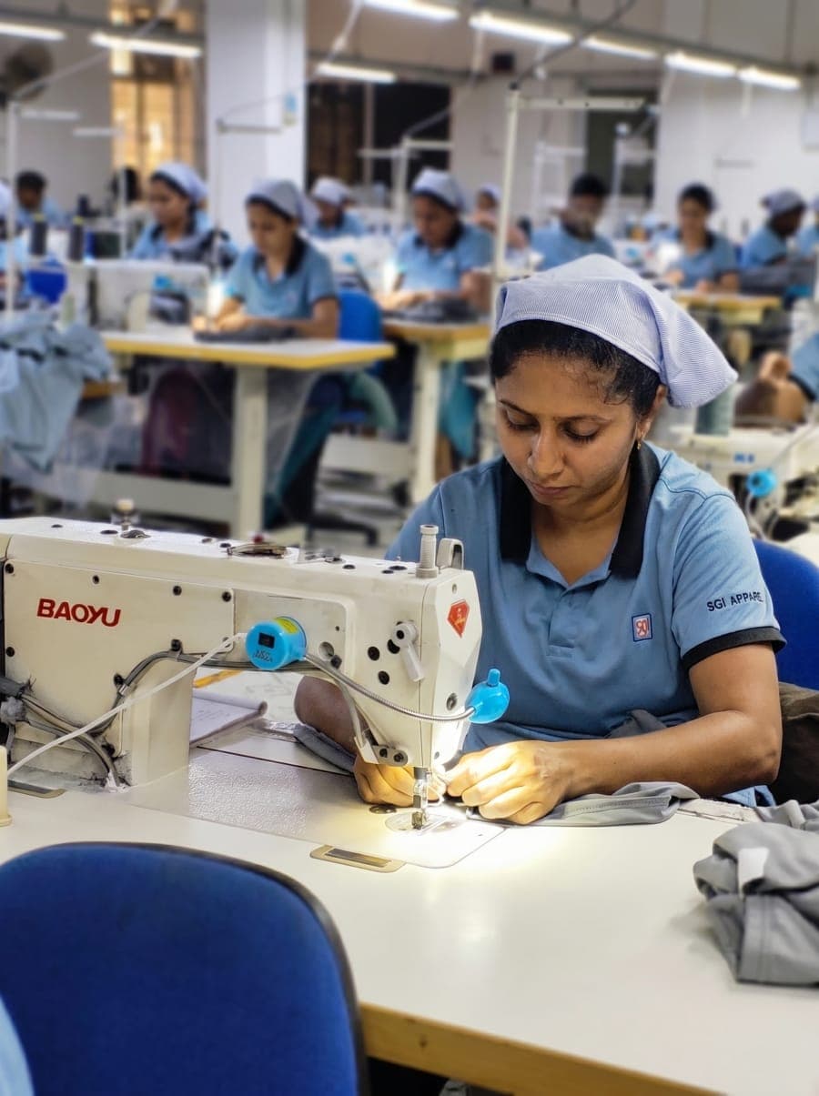 SGI Apparels worker operating an industrial sewing machine